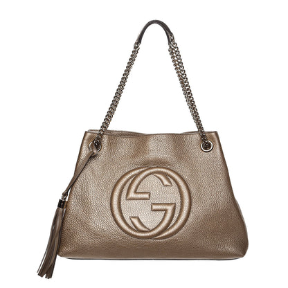 Gucci Metallic Pebbled Calfskin Medium Soho Chain Shoulder Bag Golden Beige 1 of 7