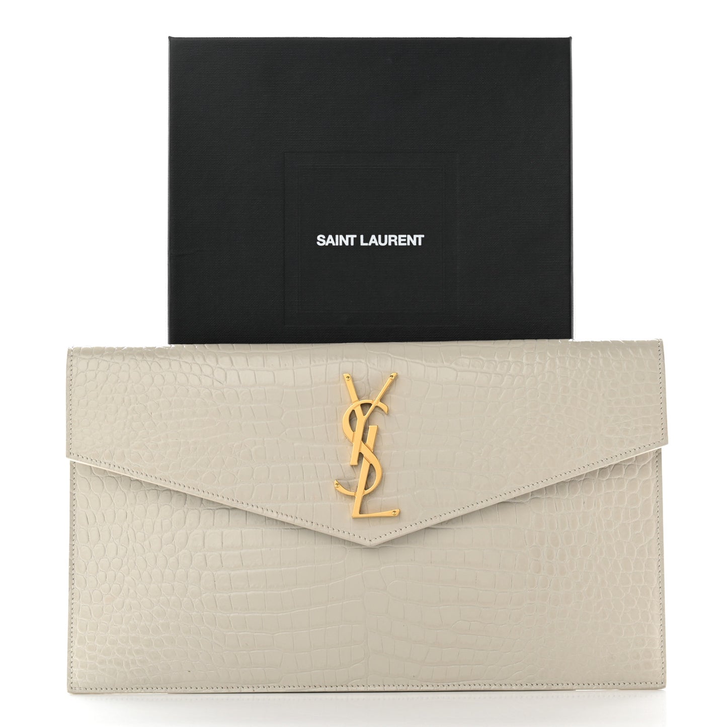Calfskin Crocodile Embossed Uptown Monogram Pouch Crema Soft