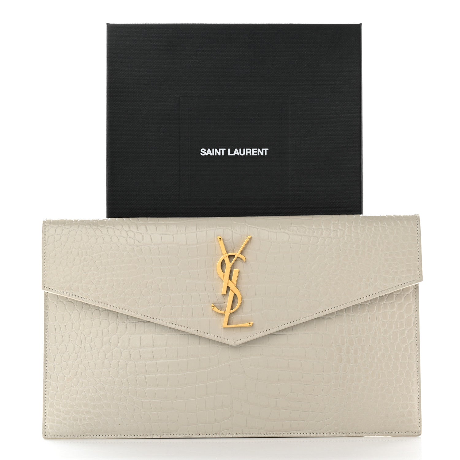 Saint Laurent Calfskin Crocodile Embossed Uptown Monogram Pouch Crema Soft 13 of 13