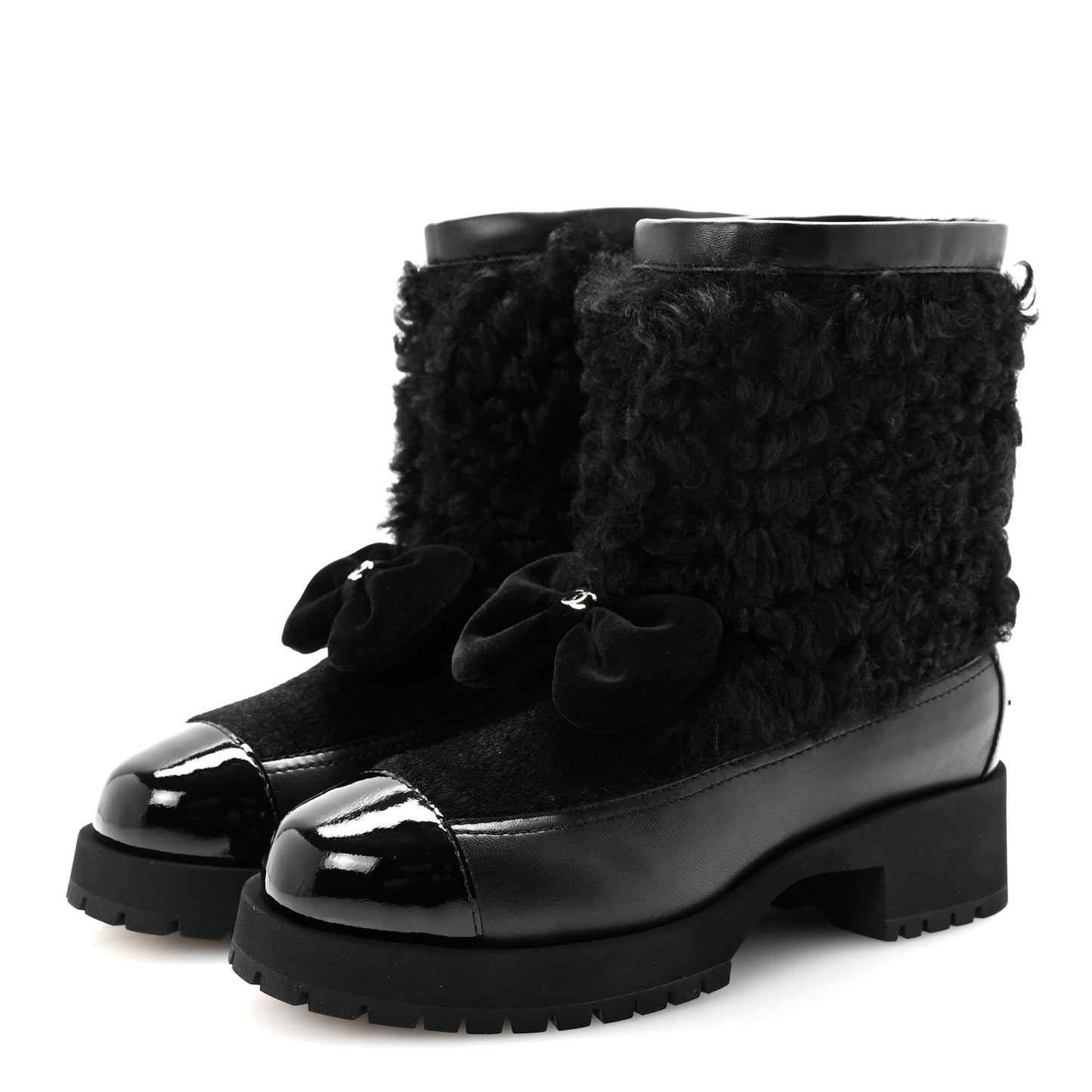 Shearling Lambskin Calfskin Patent Bow Short Boots 36 Black