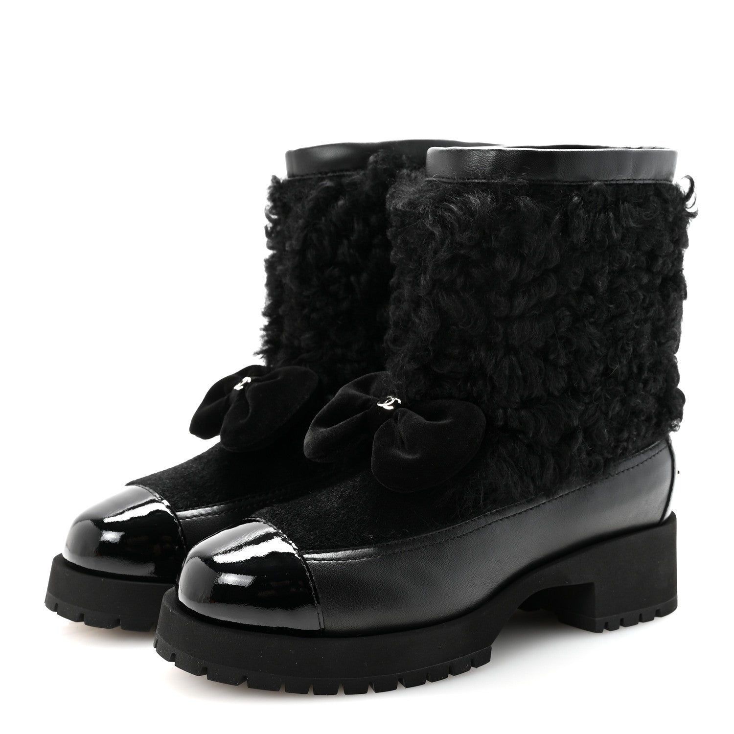 Chanel Shearling Lambskin Calfskin Patent Bow Short Boots 36 Black 4 of 10