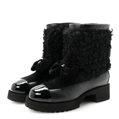 Chanel Shearling Lambskin Calfskin Patent Bow Short Boots 36 Black 4 of 10