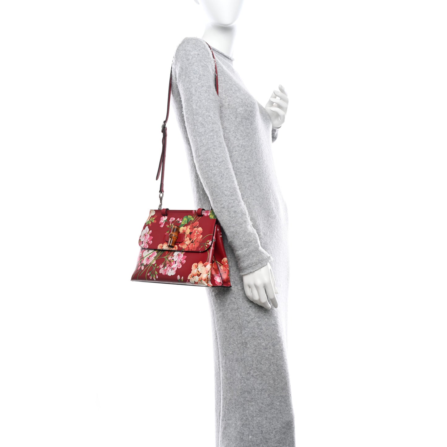 Shangai Calfskin Blooms Print Small Bamboo Daily Top Handle Bag Romantic Cerise Multicolor