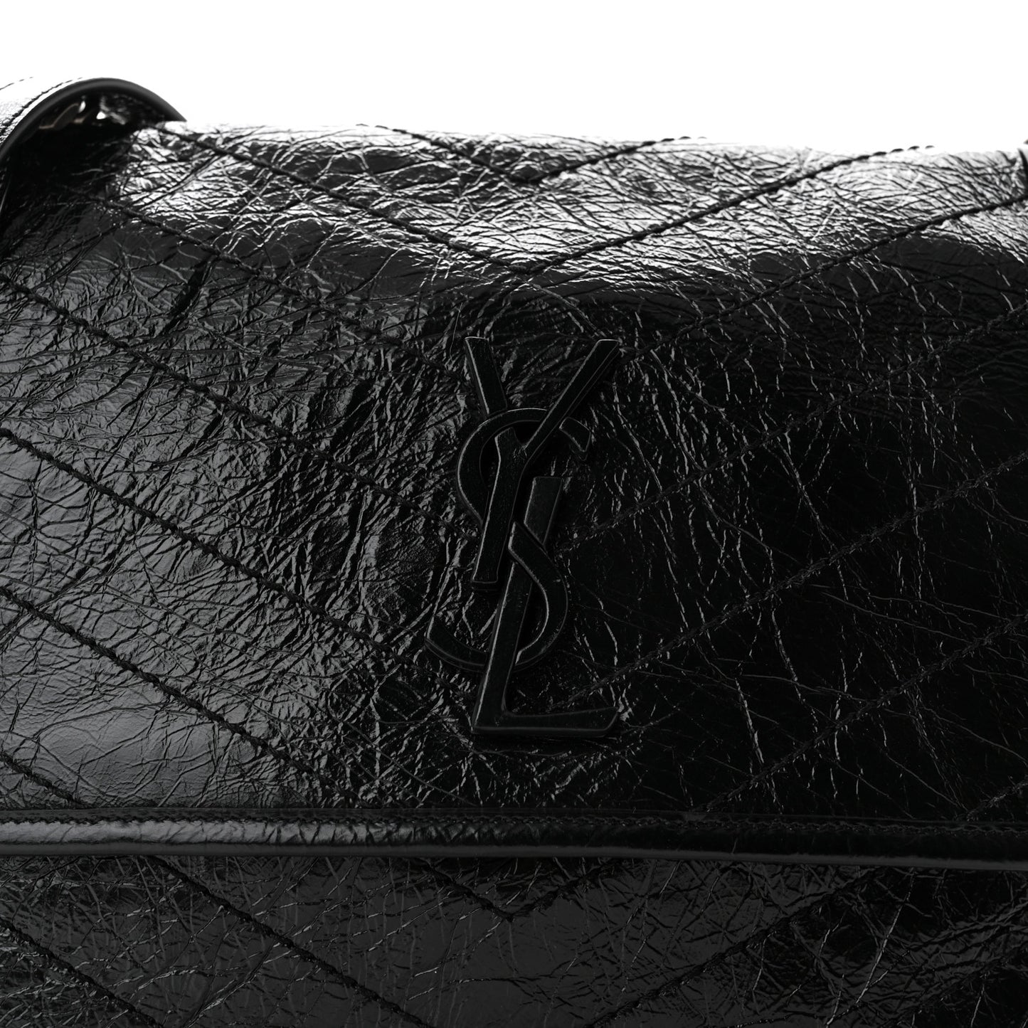 Crinkled Calfskin Matelasse Monogram Medium Niki Chain Satchel Black