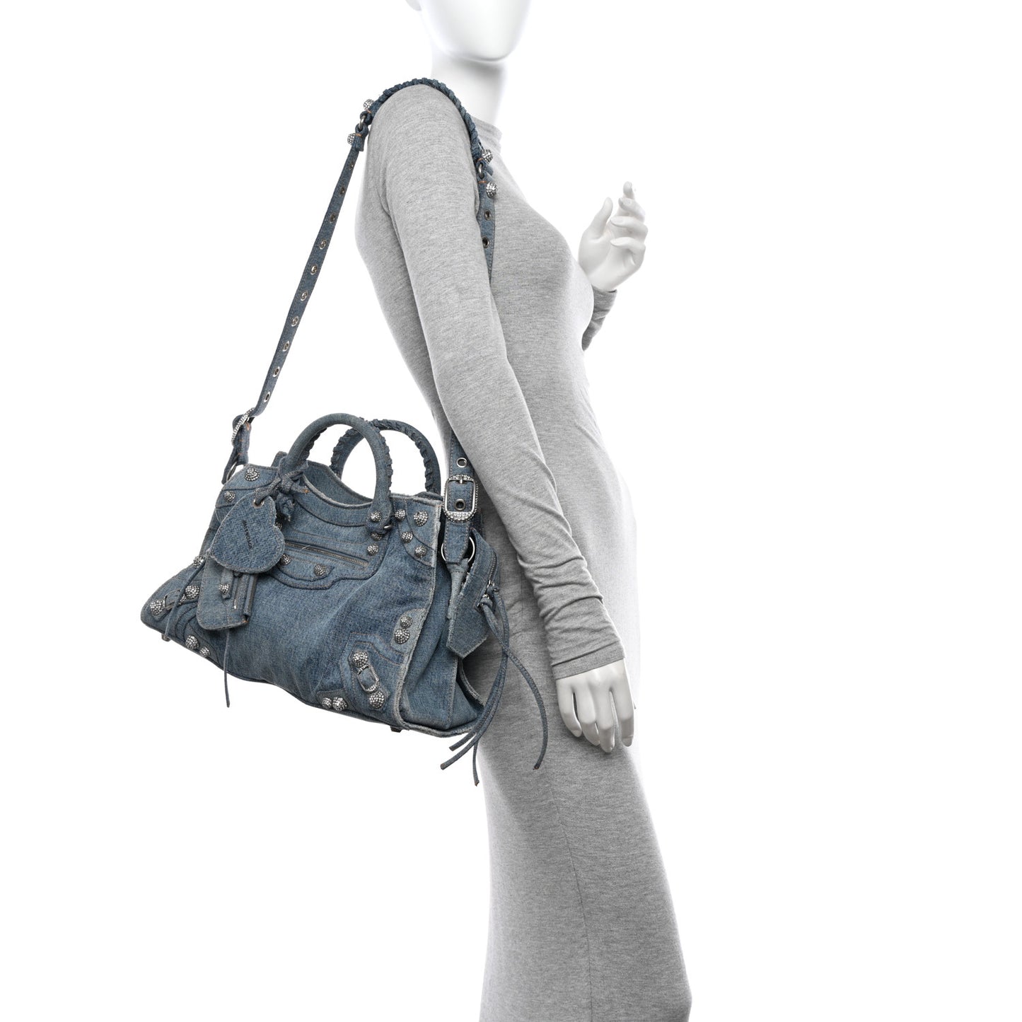 Washed Frayed Denim Crystal Neo Cagole City Handbag Blue