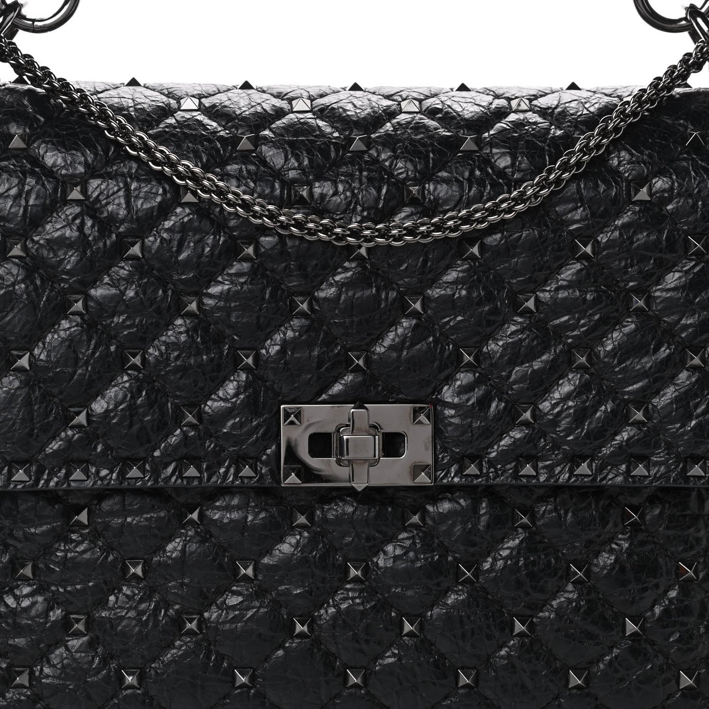 Craquele Nappa Large Rockstud Spike Shoulder Bag Black