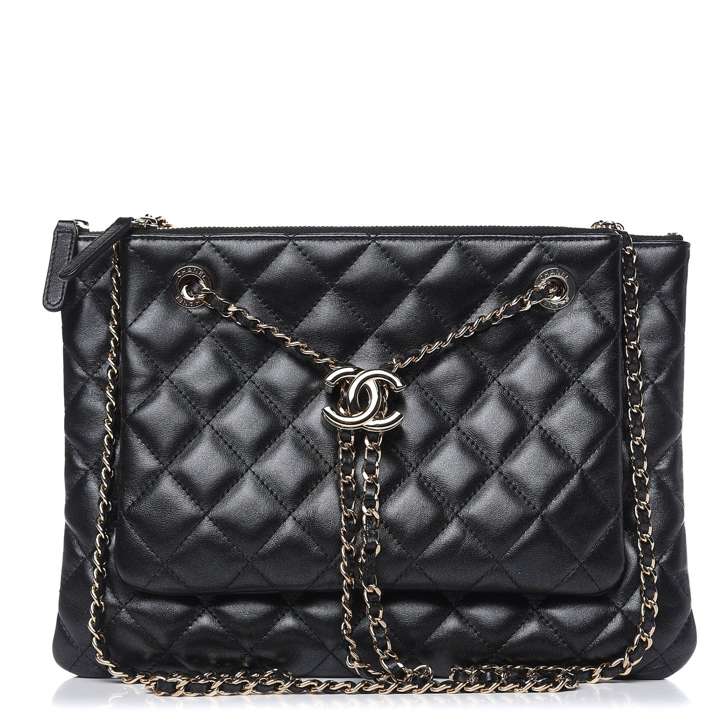 Shiny Lambskin Quilted Clutch With Chain Black