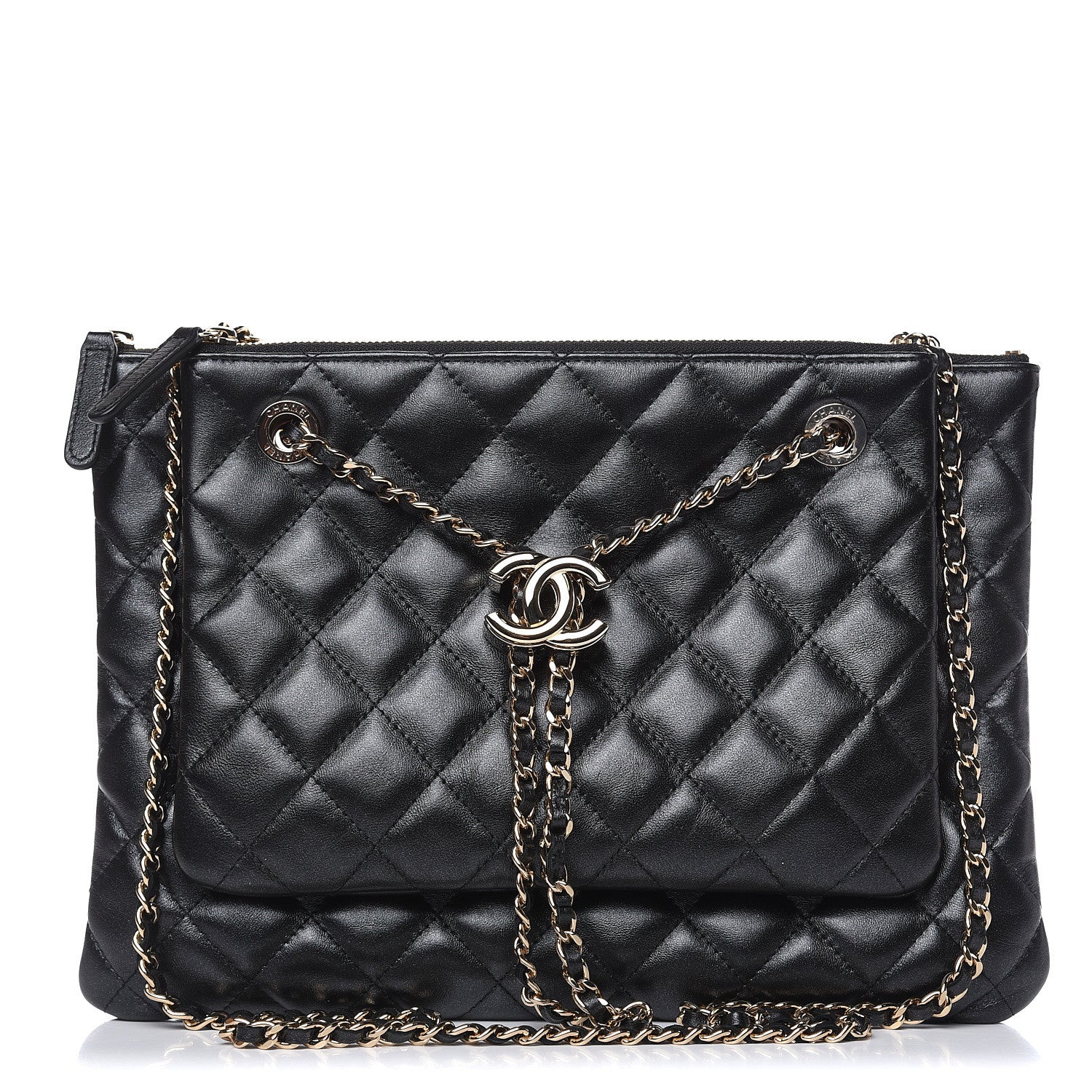 Chanel Shiny Lambskin Quilted Clutch With Chain Black 1 of 10