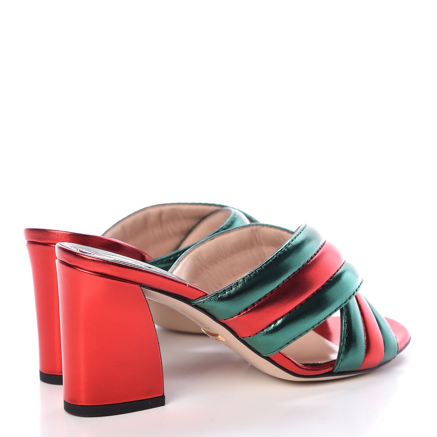 Gucci Metallic Nappa Crossover Mid Heel Slide Sandals 38 Green Flame Red 4 of 10