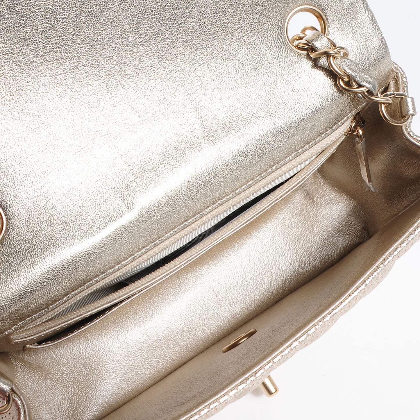 Metallic Lambskin Perforated Mini Rectangular Flap Light Gold