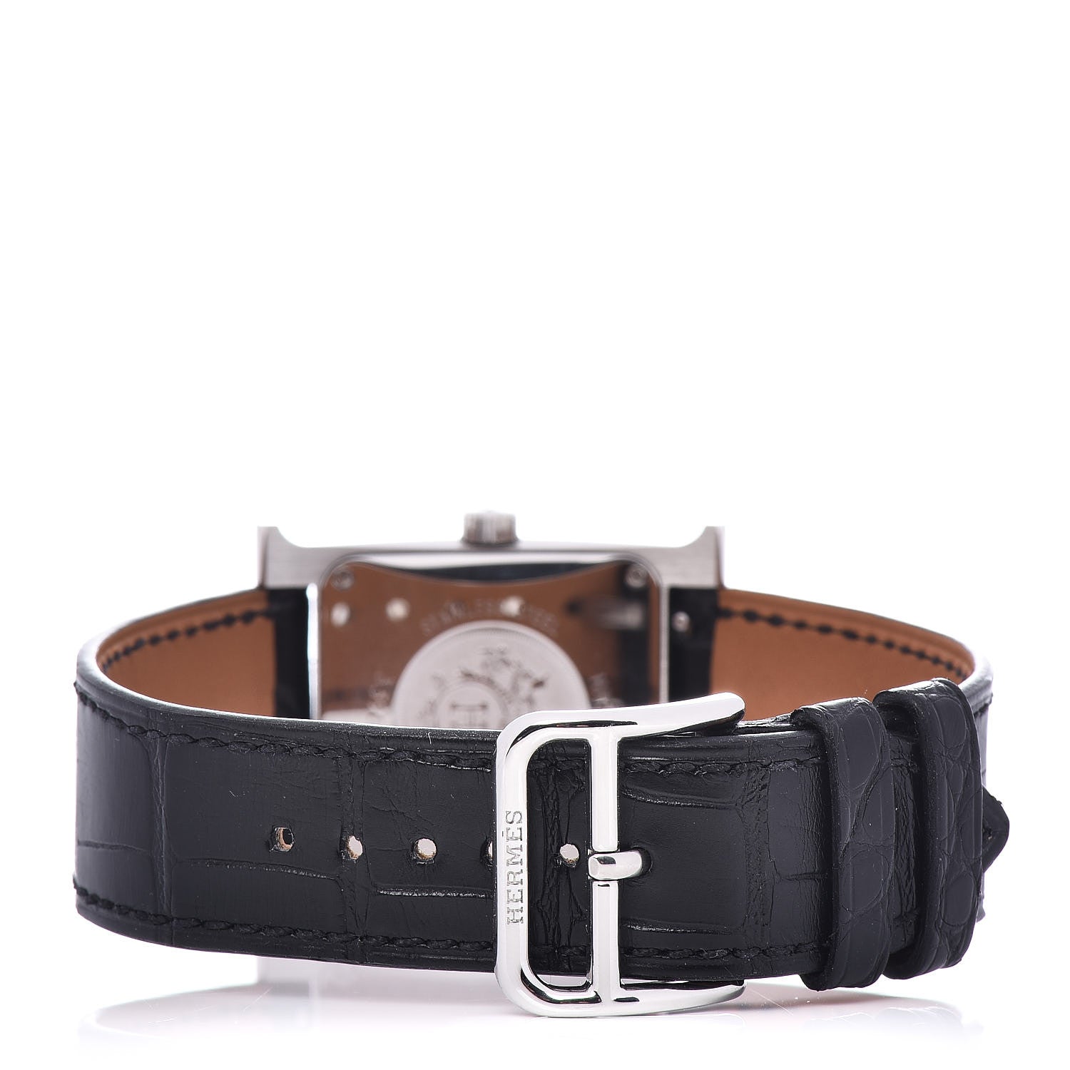 Hermes Stainless Steel Alligator Diamond Bezel 26mm Heure H Hour Automatic Watch Noir 4 of 6