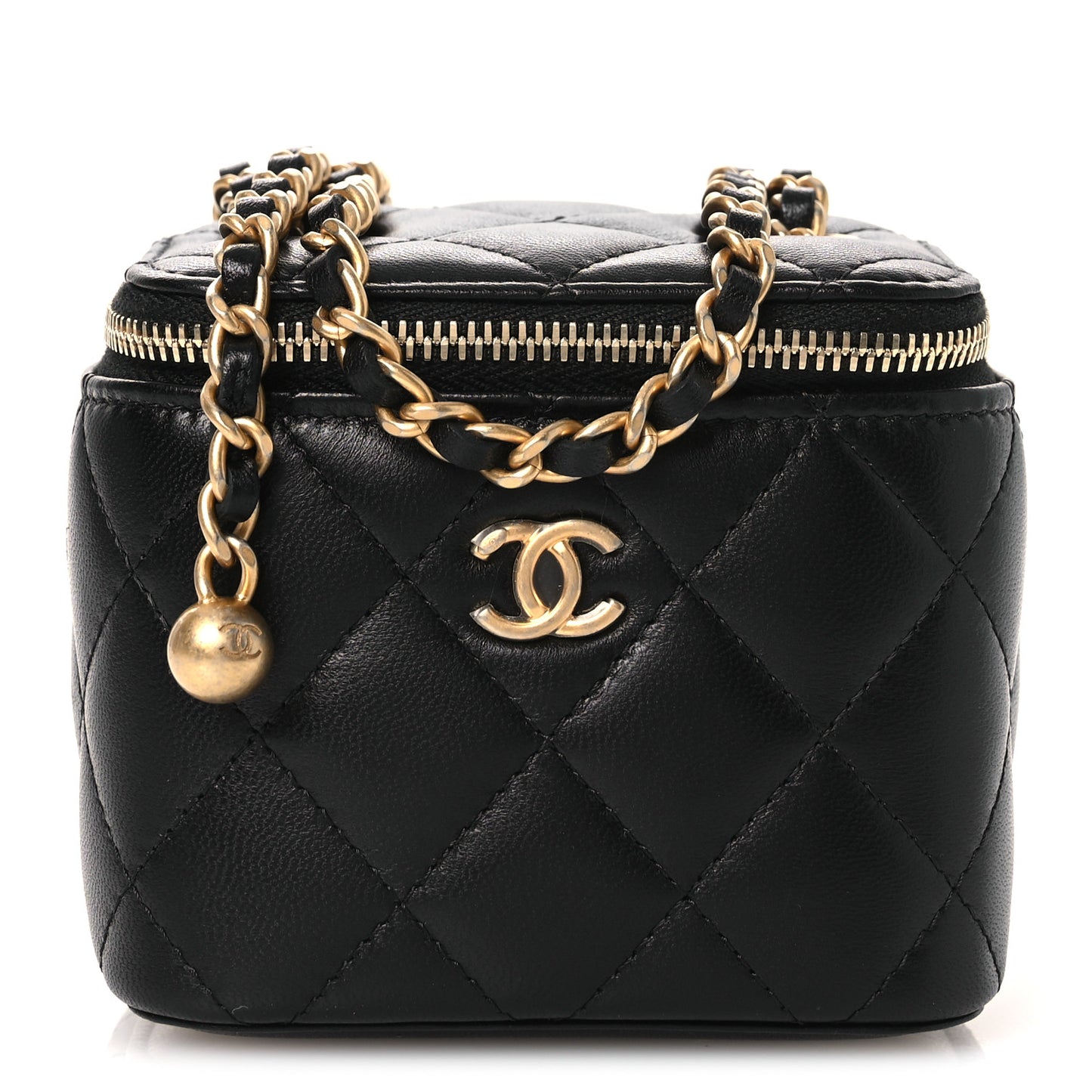 Lambskin Quilted Mini Pearl Crush Vanity Case With Chain Black