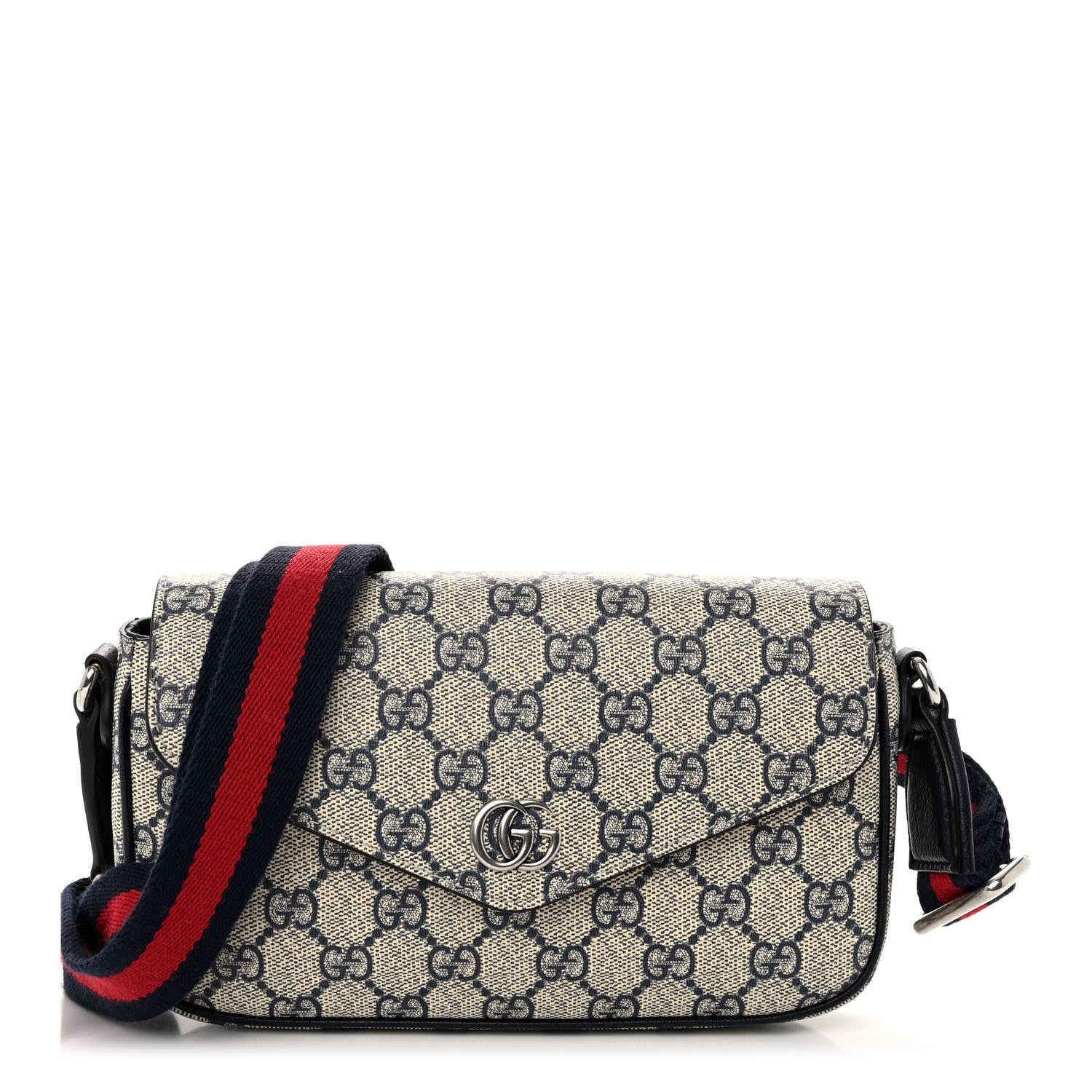 Gucci GG Supreme Monogram Textured Dollar Calfskin Web Mini Ophidia Envelope Shoulder Bag Beige Blue 1 of 10