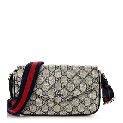 Gucci GG Supreme Monogram Textured Dollar Calfskin Web Mini Ophidia Envelope Shoulder Bag Beige Blue 1 of 10