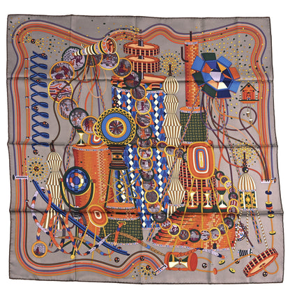 Hermes Silk Le Laboratoire du Temps Scarf 90 Etoupe Bleu Caramel 1 of 3