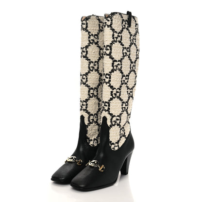 Gucci Tweed GG Monogram Wrinkled Kid Zumi Knee Boots 40 Natural Black 2 of 7
