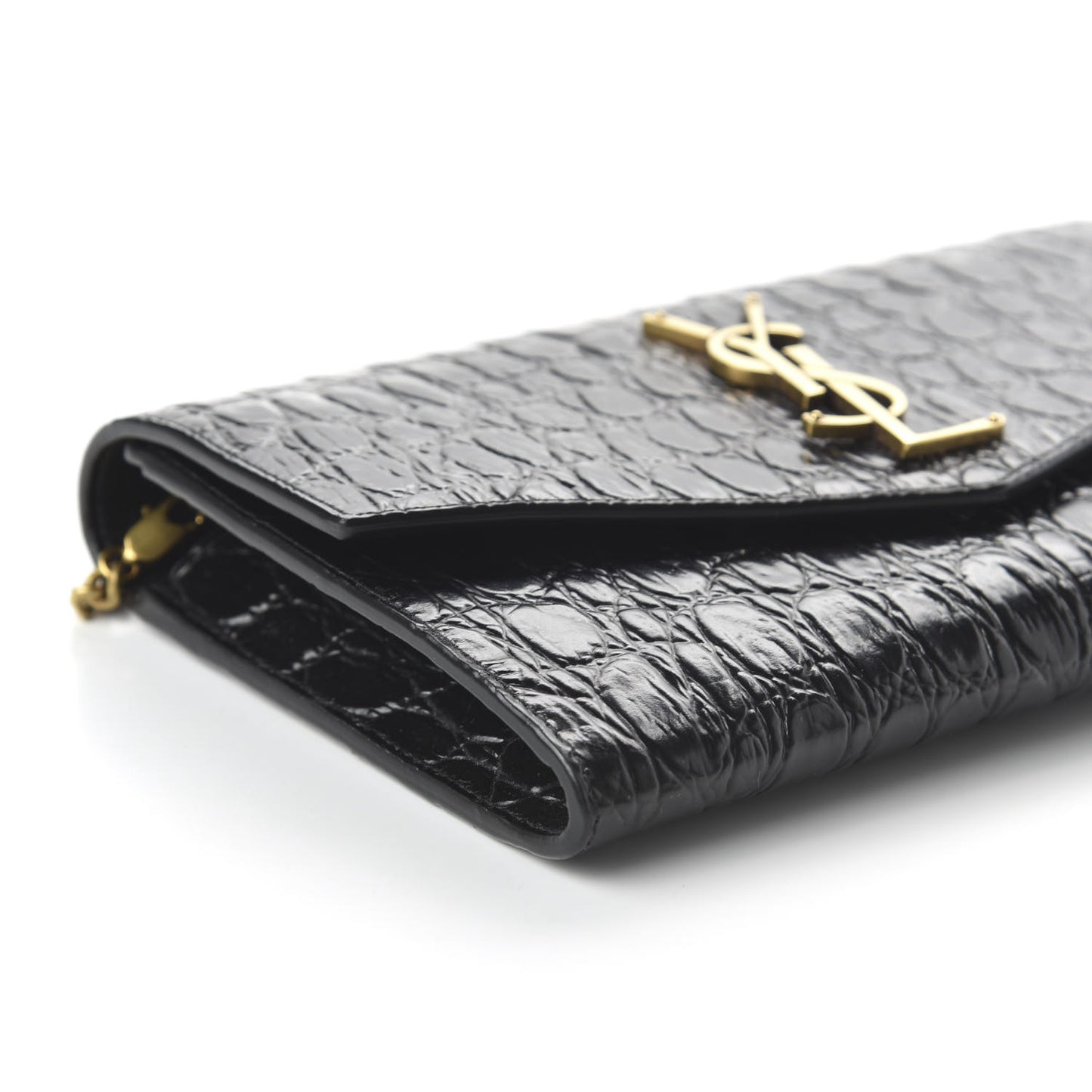 Calfskin Crocodile Embossed Monogram Uptown Chain Wallet Black
