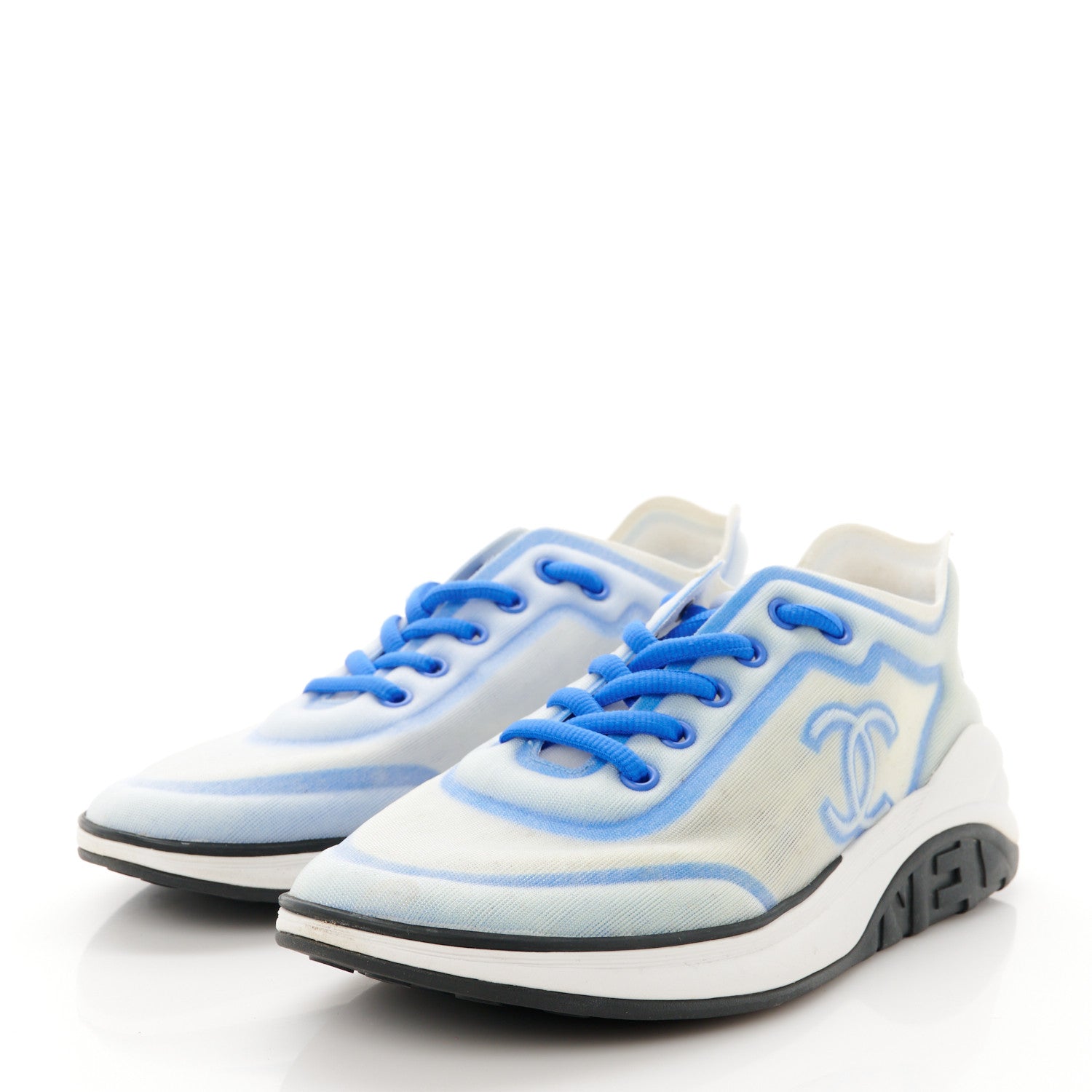 Chanel Calfskin Mesh Lycra Womens Logo Sneakers 39.5 White Blue 3 of 9