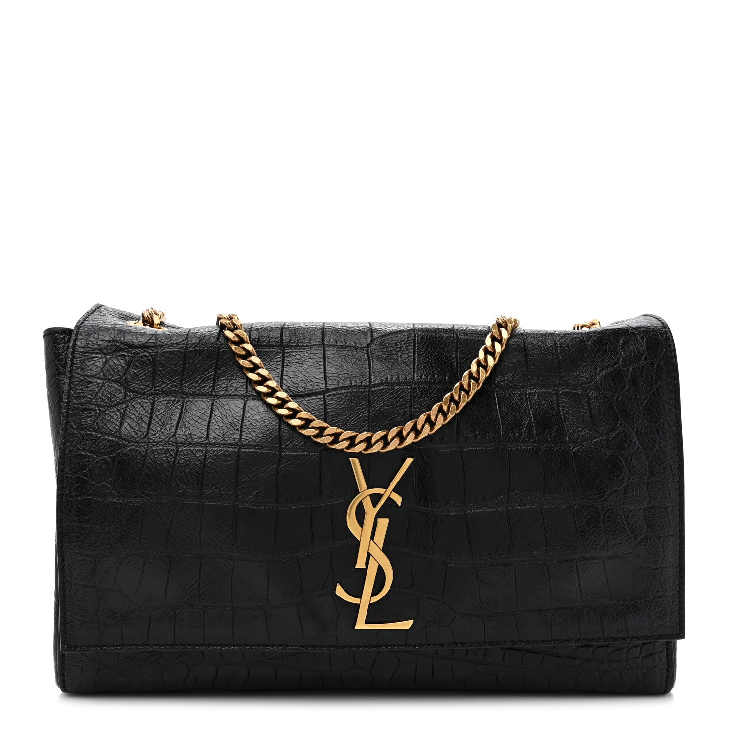 Saint Laurent Calfskin Crocodile Embossed Suede Medium Reversible Monogram Kate Satchel Military Taupe 1 of 11