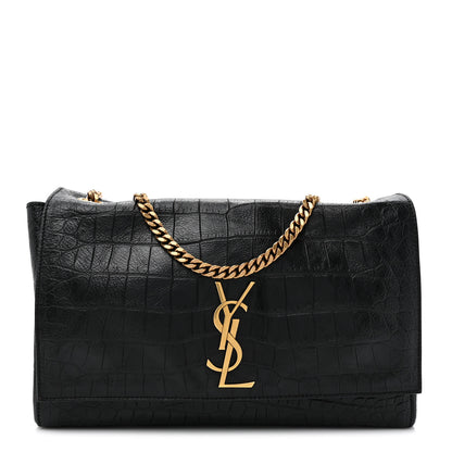 Saint Laurent Calfskin Crocodile Embossed Suede Medium Reversible Monogram Kate Satchel Military Taupe 1 of 11