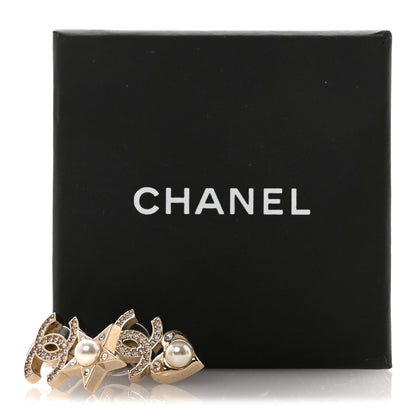 Chanel Crystal Pearl Charming Winter CC Star Heart Clip On Earrings Gold 5 of 5