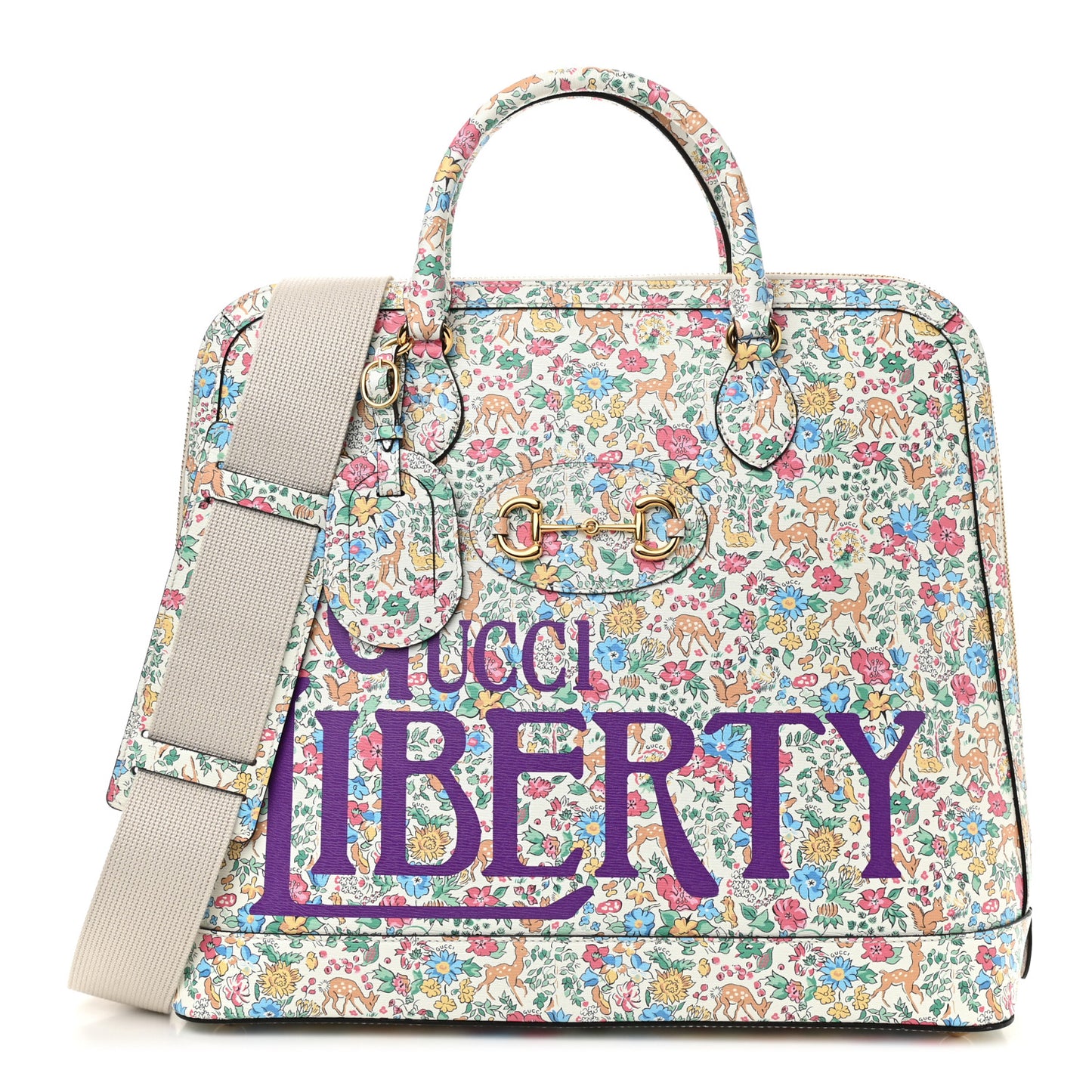 X LIBERTY OF LONDON Calfskin Floral Fawn Print Horsebit 1955 Duffle Bag Multicolor Purple Ivory