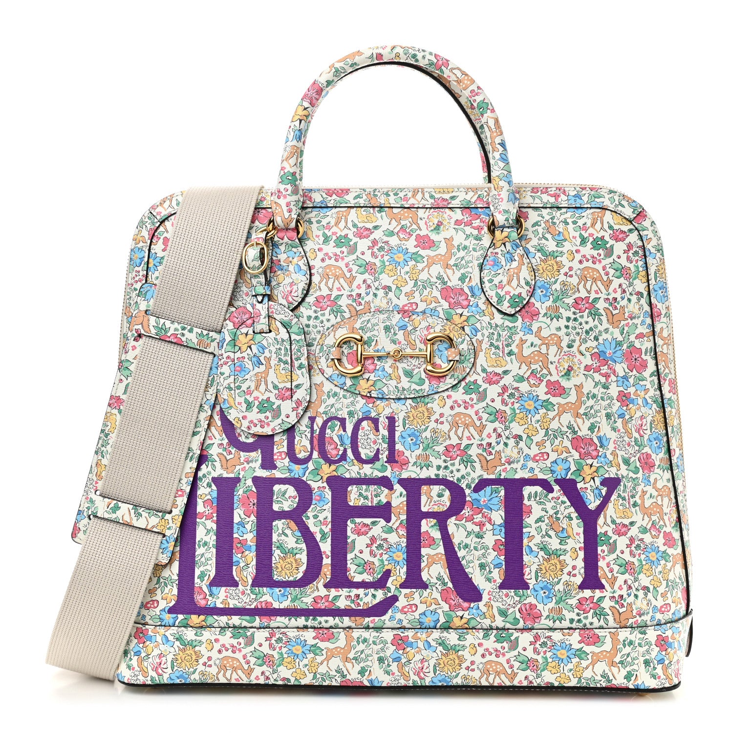 Gucci X LIBERTY OF LONDON Calfskin Floral Fawn Print Horsebit 1955 Duffle Bag Multicolor Purple Ivory 1 of 10