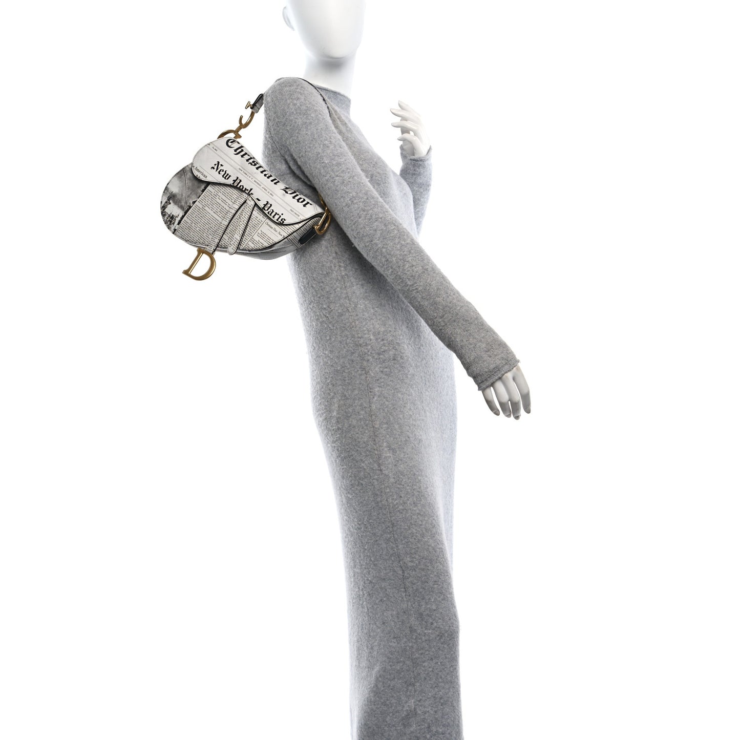 Calfskin Newspaper Printed Saddle Bag With Strap Black White