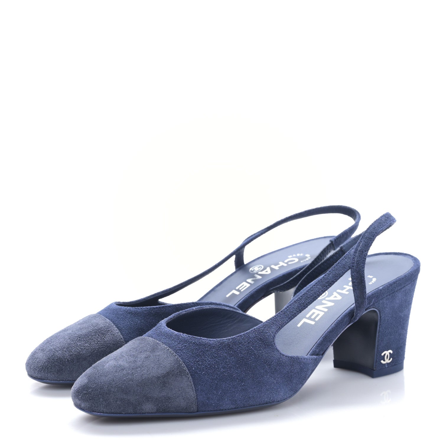 Chanel Suede Cap Toe CC Slingback Pumps 37.5 Blue Black 1442298