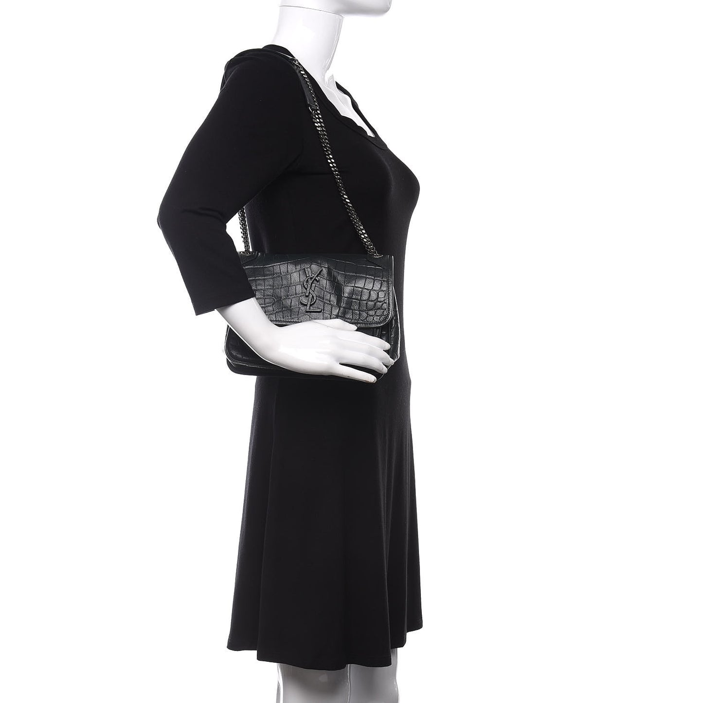 Calfskin Crocodile Embossed Matelasse Monogram Baby Niki Chain Satchel Black