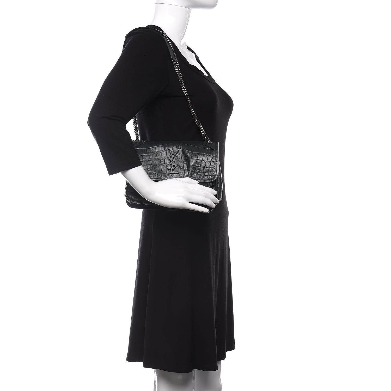 Saint Laurent Calfskin Crocodile Embossed Matelasse Monogram Baby Niki Chain Satchel Black 2 of 9