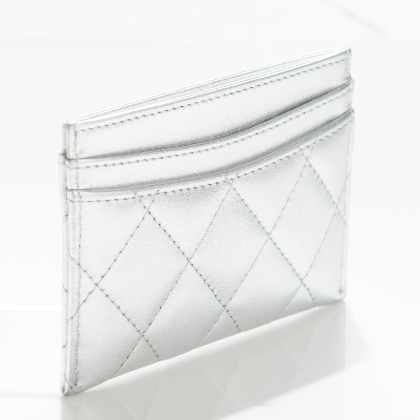 Metallic Lambskin Quilted CC Card Holder Silver