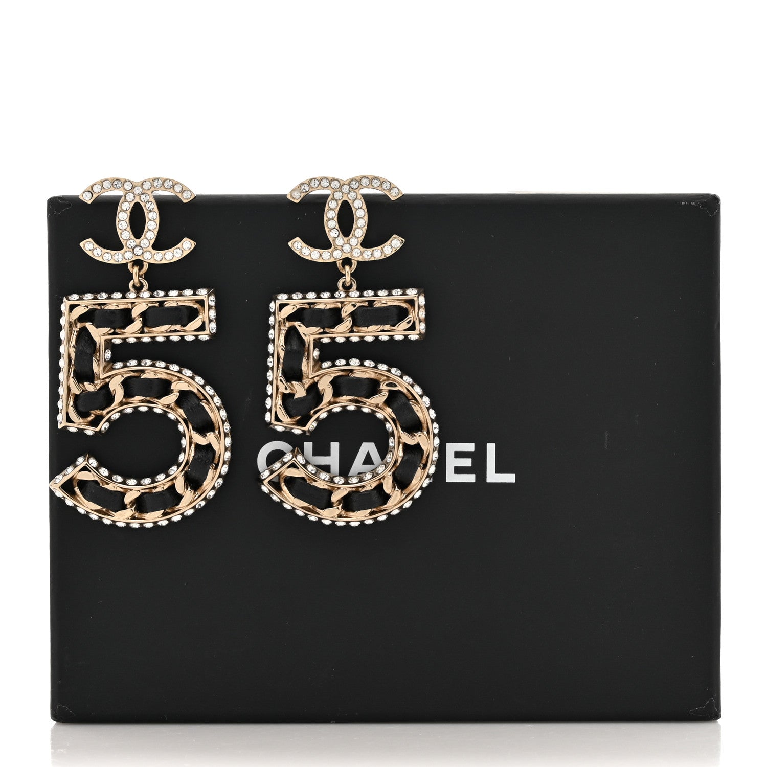 Chanel Crystal Lambskin Chain CC No 5 Drop Earrings Gold Black 5 of 5