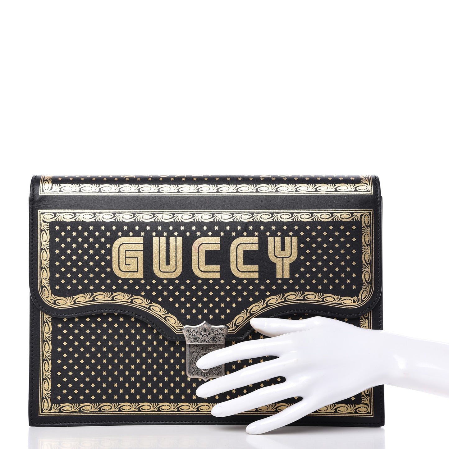 X SEGA Calfskin GUCCY Stars Portfolio Bag Black Gold