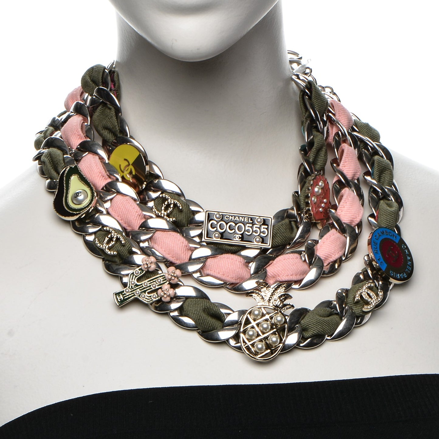 Grosgrain Chain Pearl Cuba CC Multistrand Necklace