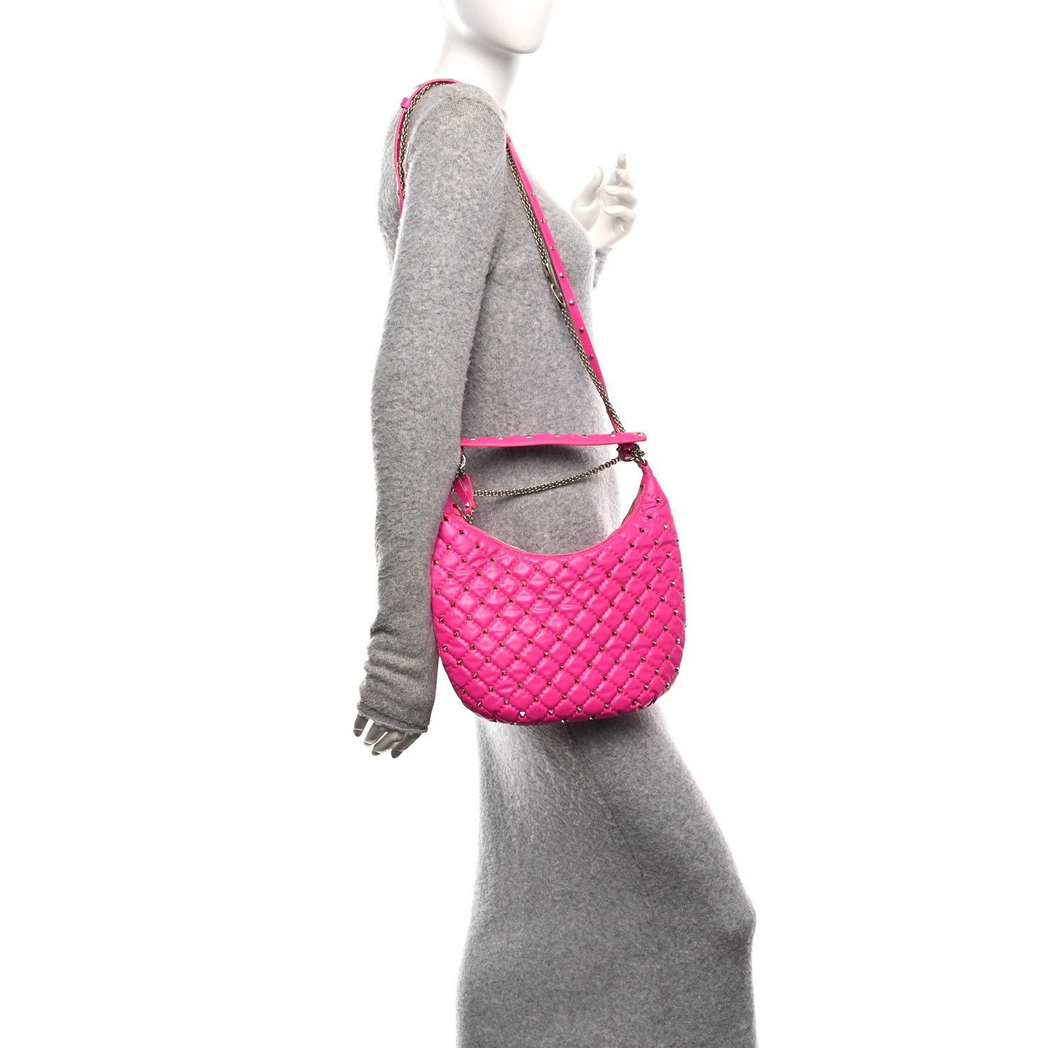 Valentino Garavani Nappa Small Rockstud Spike Hobo Fuxia 2 of 9