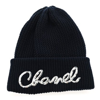 Chanel Cashmere Sequin Logo Beanie Hat Navy Blue 1 of 4