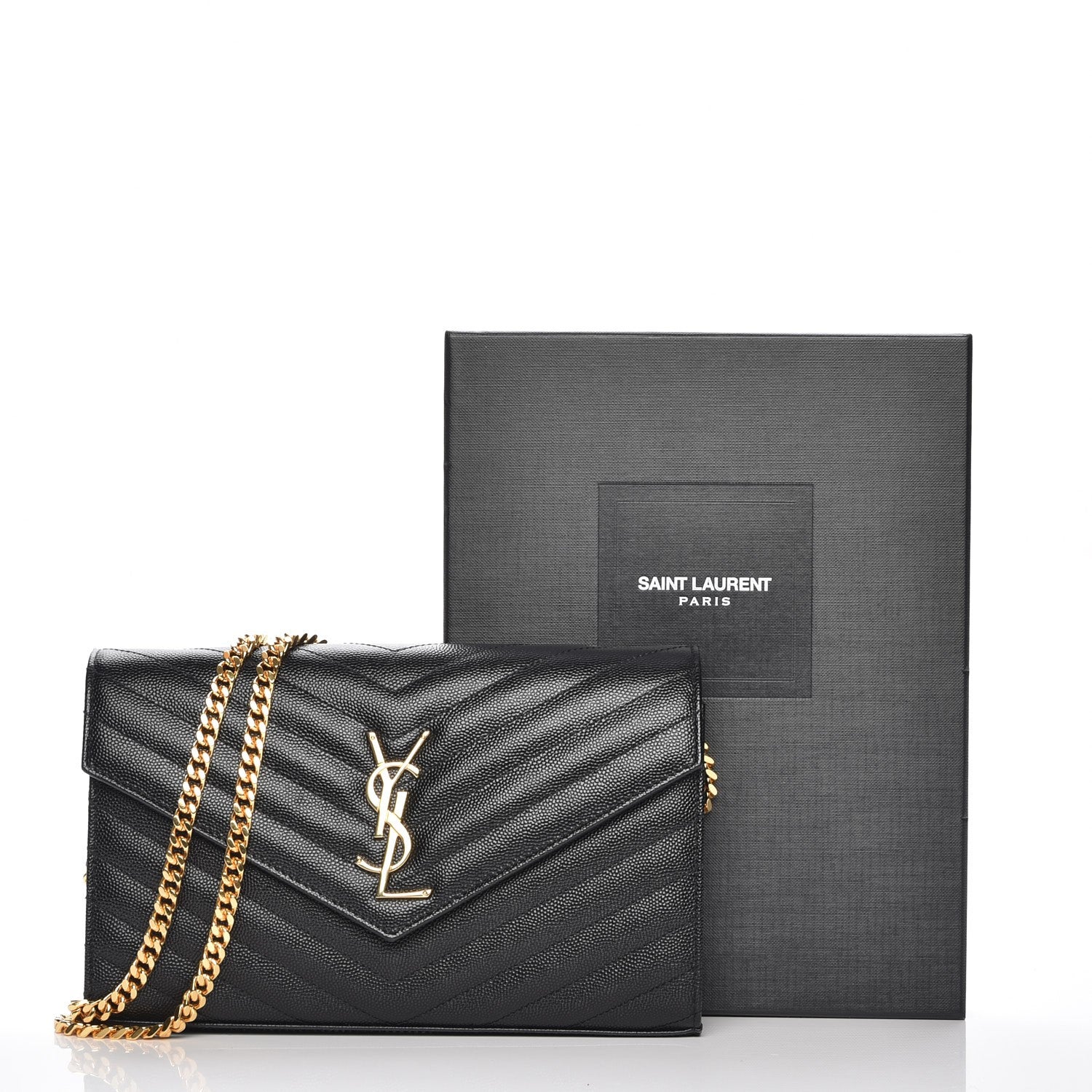Saint Laurent Grain De Poudre Matelasse Chevron Monogram Chain Wallet Black 7 of 7