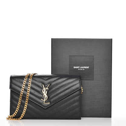 Saint Laurent Grain De Poudre Matelasse Chevron Monogram Chain Wallet Black 7 of 7
