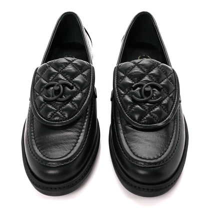 Chanel Crumpled Shiny Lambskin Quilted CC Turnlock Loafers 40 So Black 2 of 9