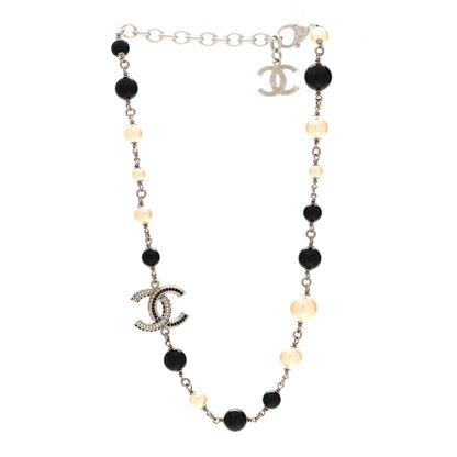 Chanel Metal Pearl Bead Crystal CC Necklace Silver Black 3 of 6