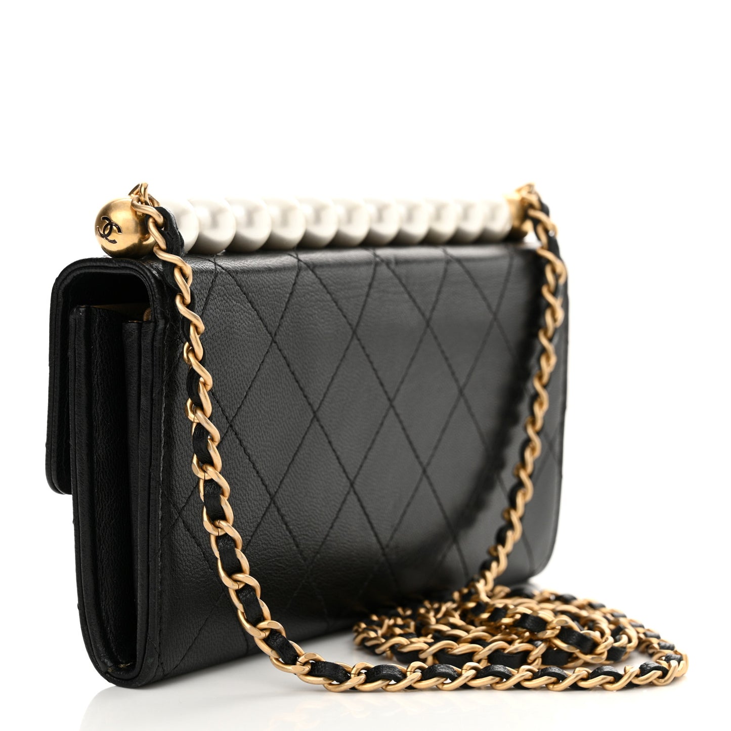 Goatskin Quilted Chic Pearls Clutch With Chain Black
