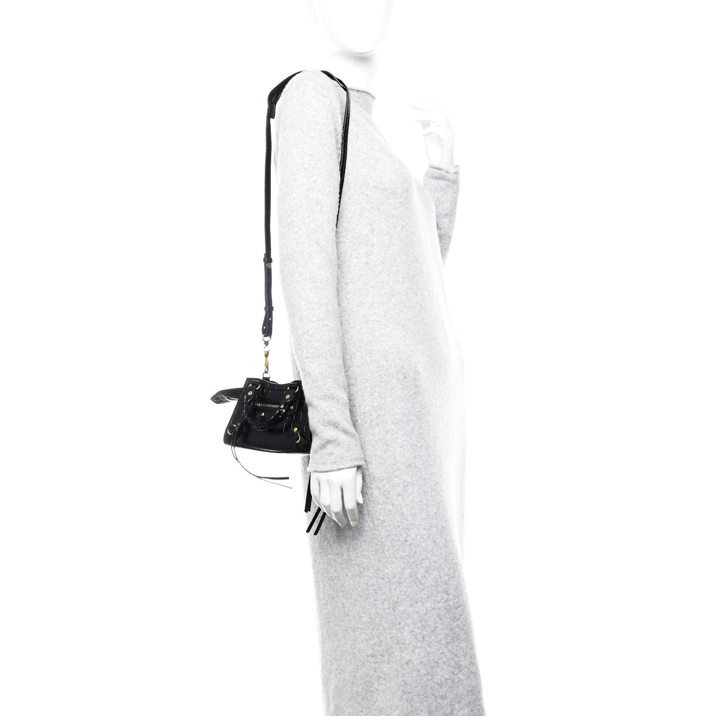 Shiny Supple Calfskin Crocodile Embossed Neo Classic Gold Hardware Nano City Crossbody Black