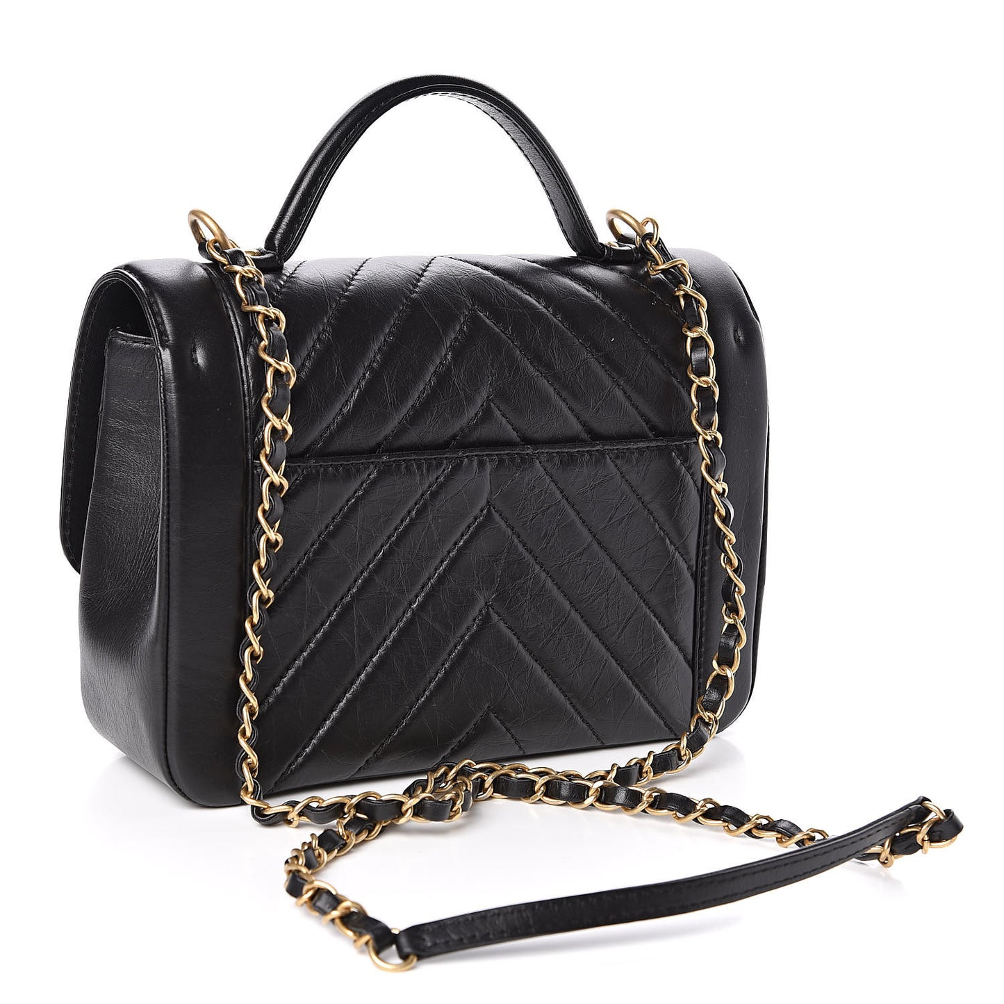 Calfskin Chevron Quilted Top Handle Flap Black