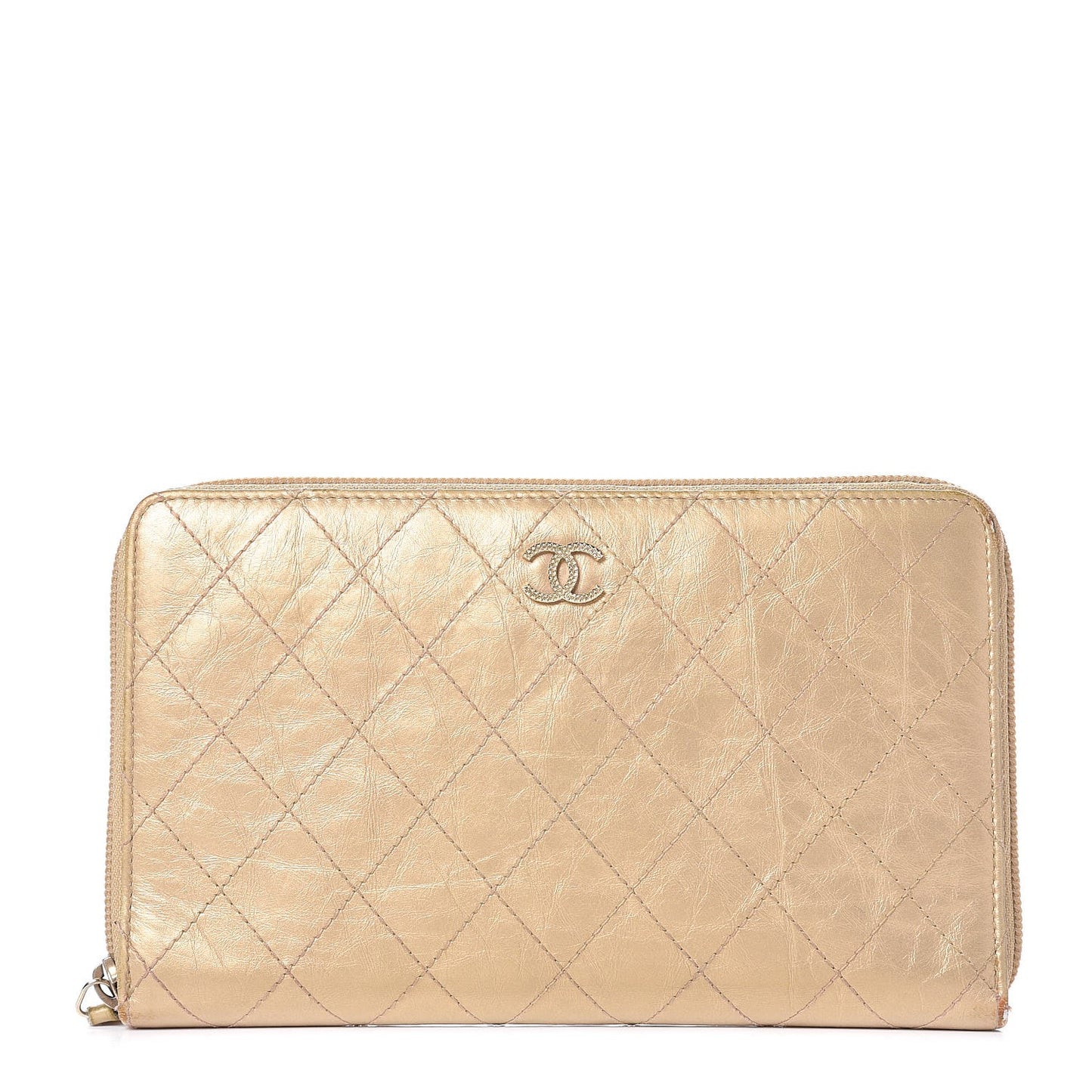 Metallic Aged Calfskin Quilted Palette Large Zip Around Organizer Wallet Gold
