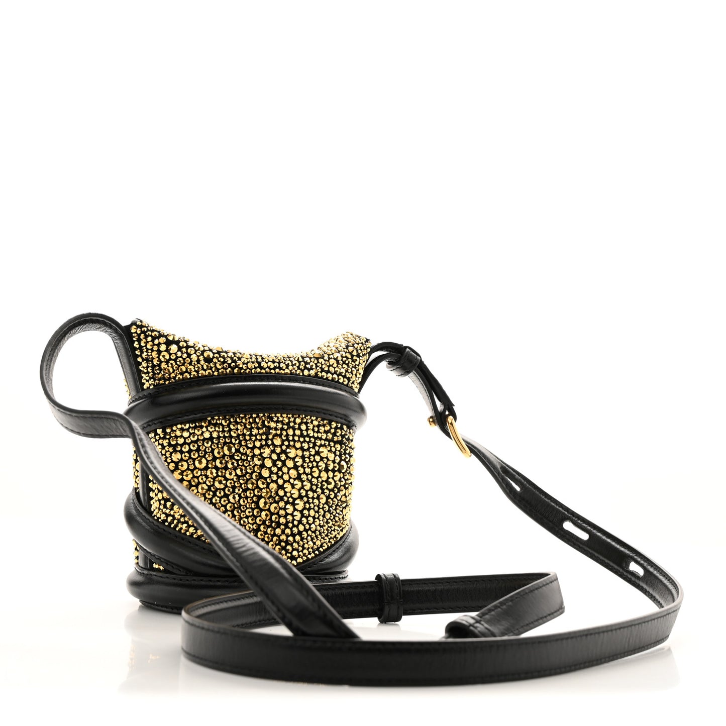 Metallic Calfskin Crystal Micro Curve Bucket Bag Gold Black