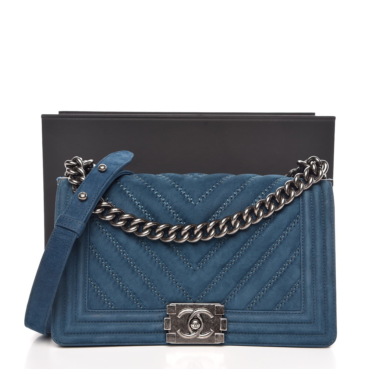 Chanel Nubuck Chevron Quilted Medium Boy Flap Blue 8 of 8