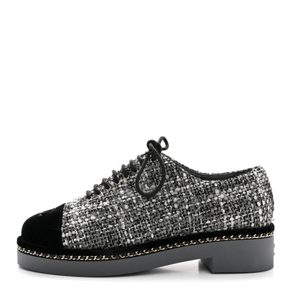 Chanel Tweed Suede CC Lace Up Oxfords 38.5 Grey Black 1 of 10