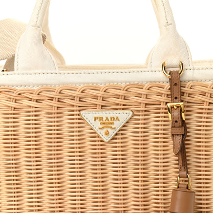 Prada Canvas Wicker Shoulder Bag White Tan 6 of 12
