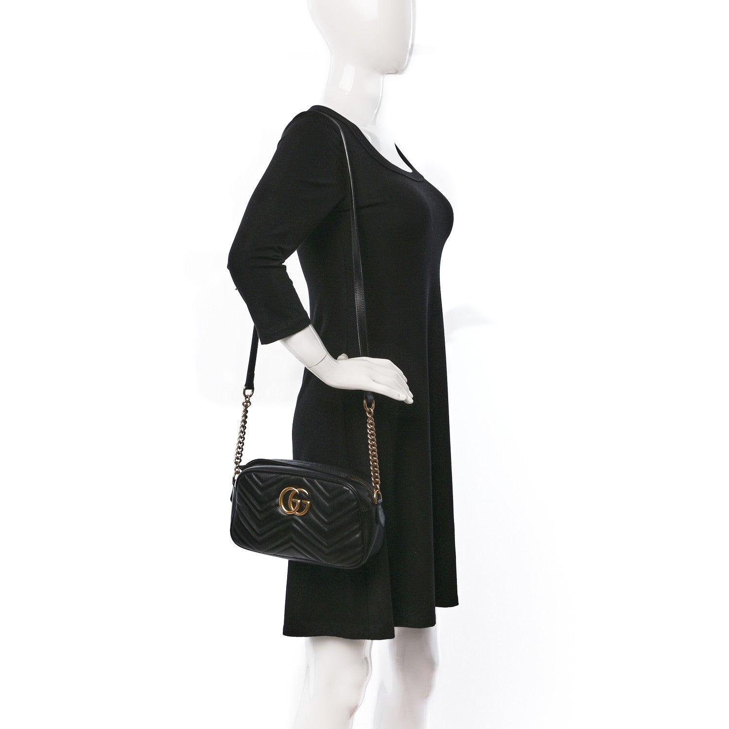 Gucci Calfskin Matelasse Small GG Marmont Chain Shoulder Bag Black 2 of 15
